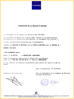 Titre d'Artisan Henri PALOMARES