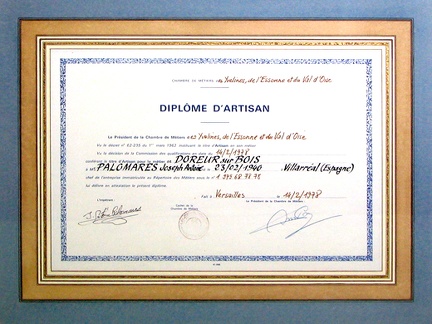 Diplôme d'Artisan Antoine PALOMARES